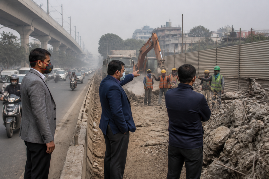 NCR pollution enforcement near a dusty construction site with traffic and Delhi’s urban skyline