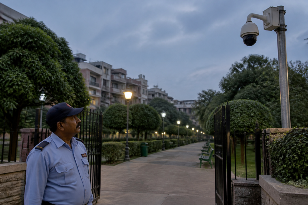 Delhi park security plan with CCTV surveillance and guards at a large public park