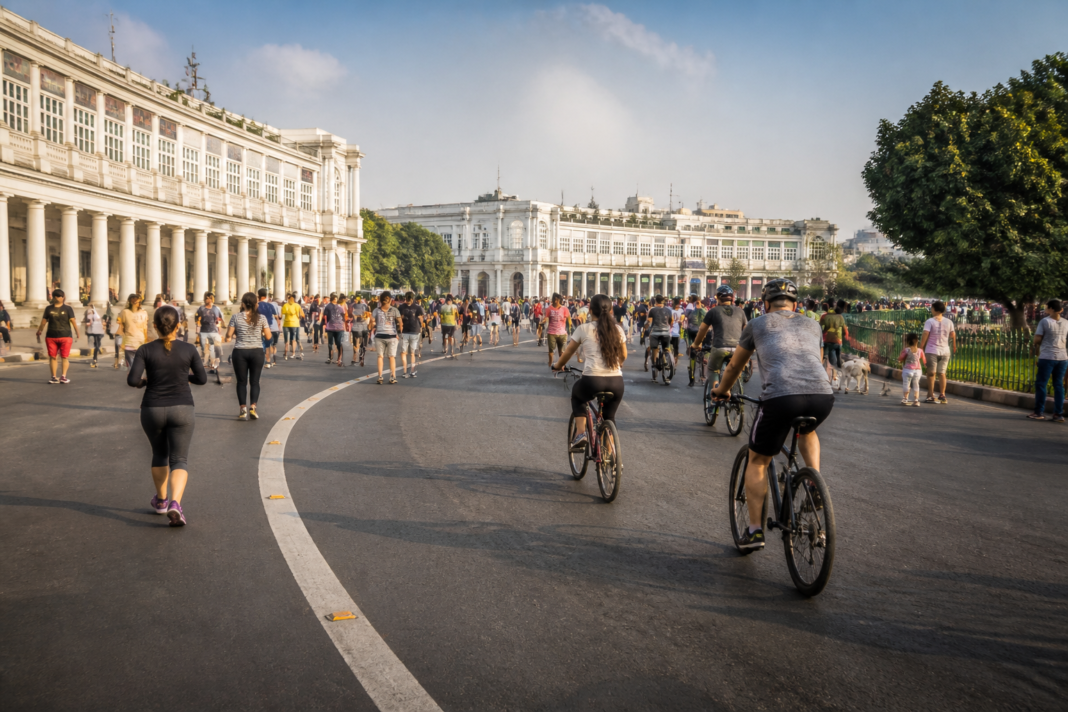Connaught Place car-free event with pedestrians and cyclists in Delhi’s Inner Circle