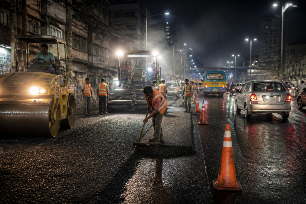 Kolkata road repairs underway on a busy city road before Mahalaya