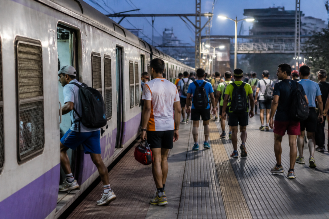 Mumbai marathon 2026 participants travelling on an overnight local train towards CSMT