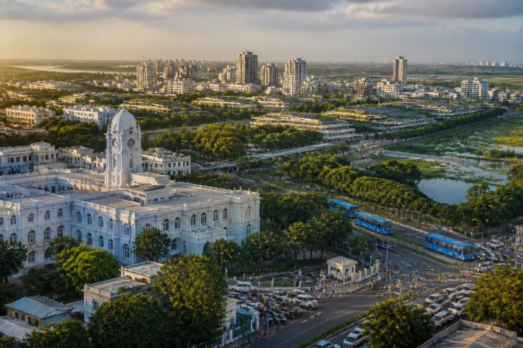 Tamil Nadu secretariat and Chennai skyline illustrating a proposed satellite city plan