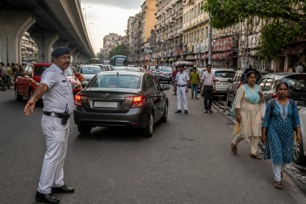 Kolkata Traffic Police enforce Gariahat parking rules on a busy road ahead of Durga Puja.