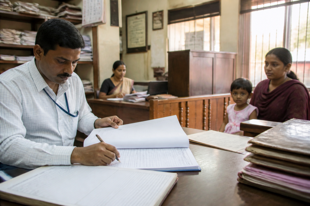 Kerala birth register correction discussed in a local government records office