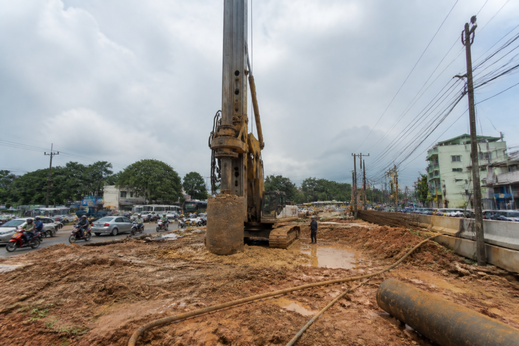 Peroorkada flyover construction site in Thiruvananthapuram during test piling work