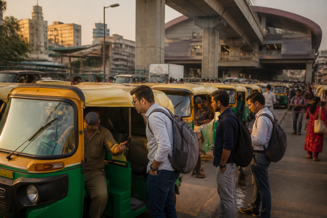 Bengaluru auto fares being negotiated beside a busy metro station