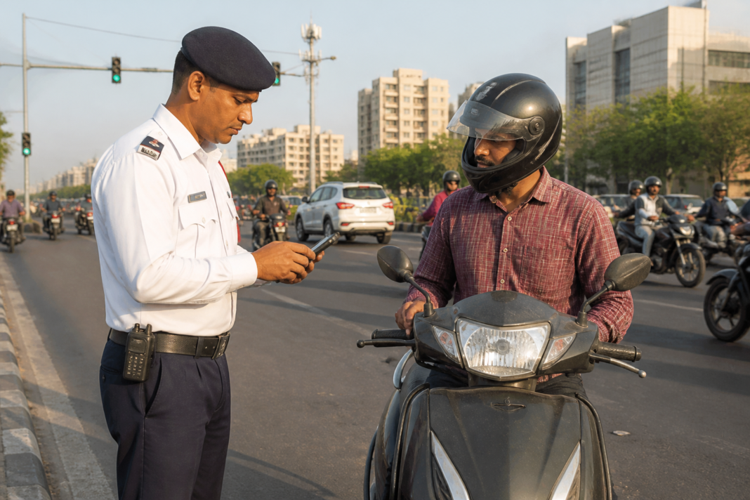 Traffic police checking a vehicle linked to unpaid e-challan fines on an Indian road
