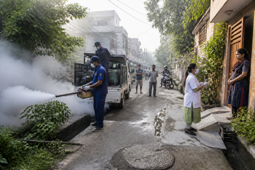 UP communicable disease campaign workers conducting sanitation and fogging operations in Lucknow