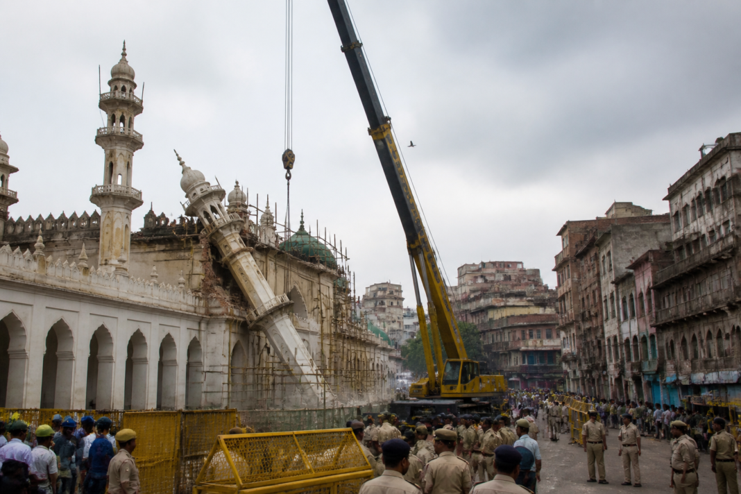 Ujjain mosque minaret collapse during road-widening dismantling work near Chhatri Chowk