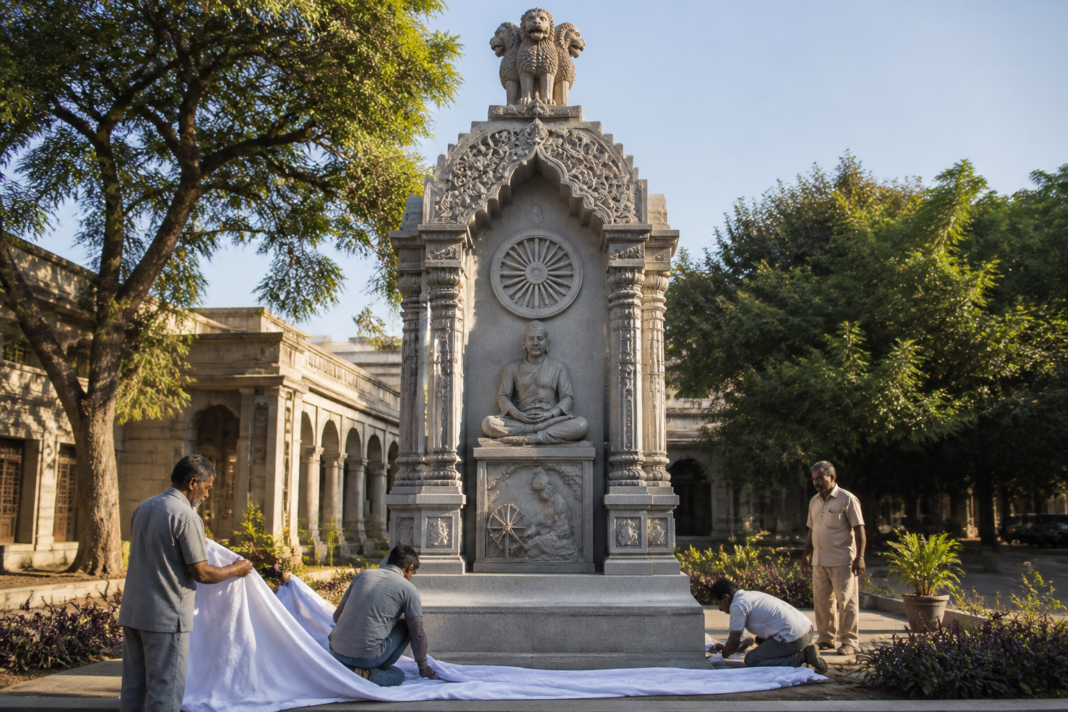 Gandhi Memorial Pillar Karnataka sculpture with Hoysala-inspired details and Gandhi symbols