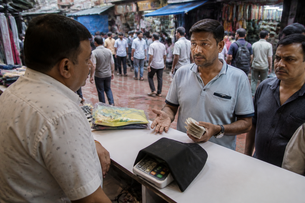 No UPI Day protest sign near a Delhi retail shop with a covered digital payment terminal