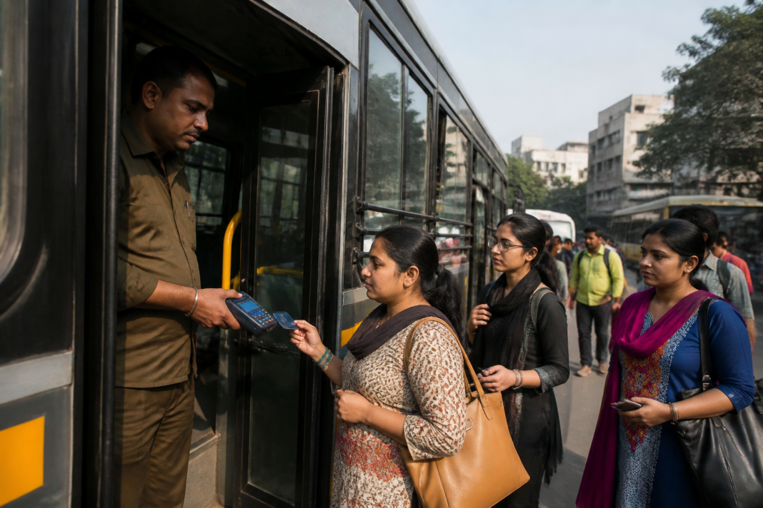 Pink Saheli card system for women boarding a Delhi DTC bus