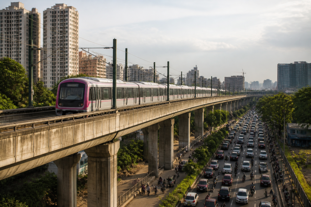 Bengaluru Metro network with a Pink Line train on an elevated viaduct