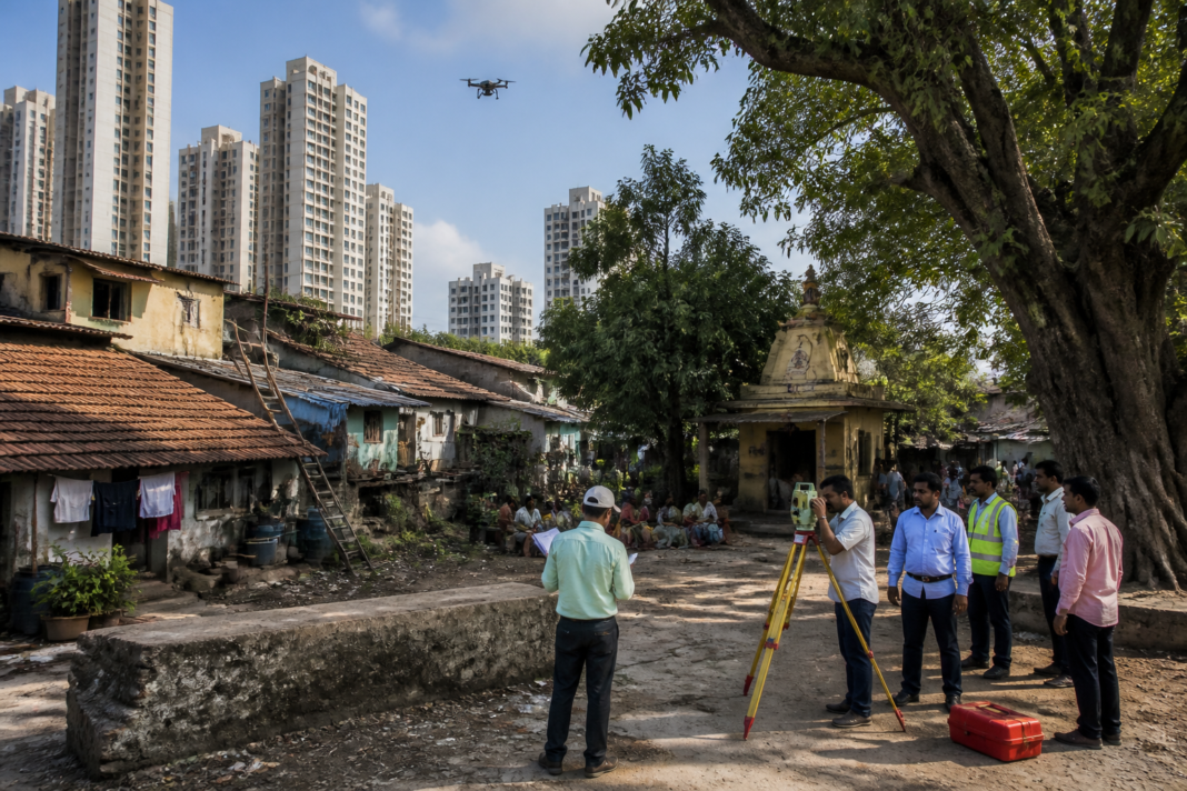 Chendani Koliwada boundary survey area in Thane with traditional homes and dense urban surroundings