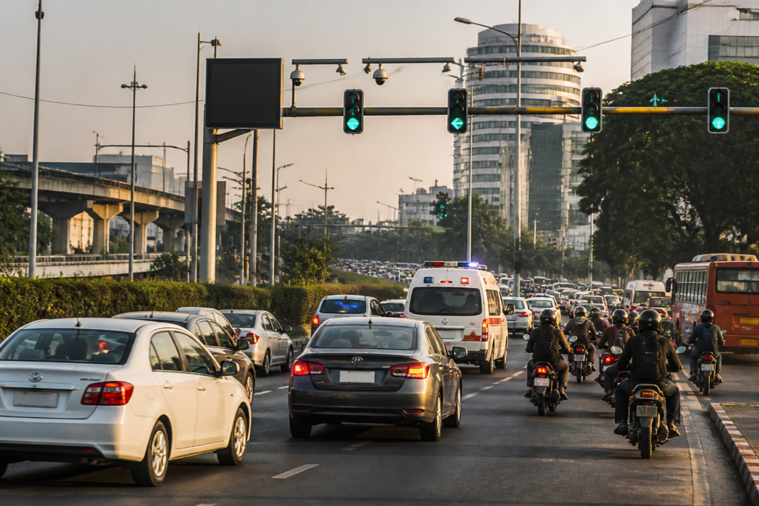 Delhi ITMS traffic control system monitoring vehicles and signals on a busy Delhi corridor