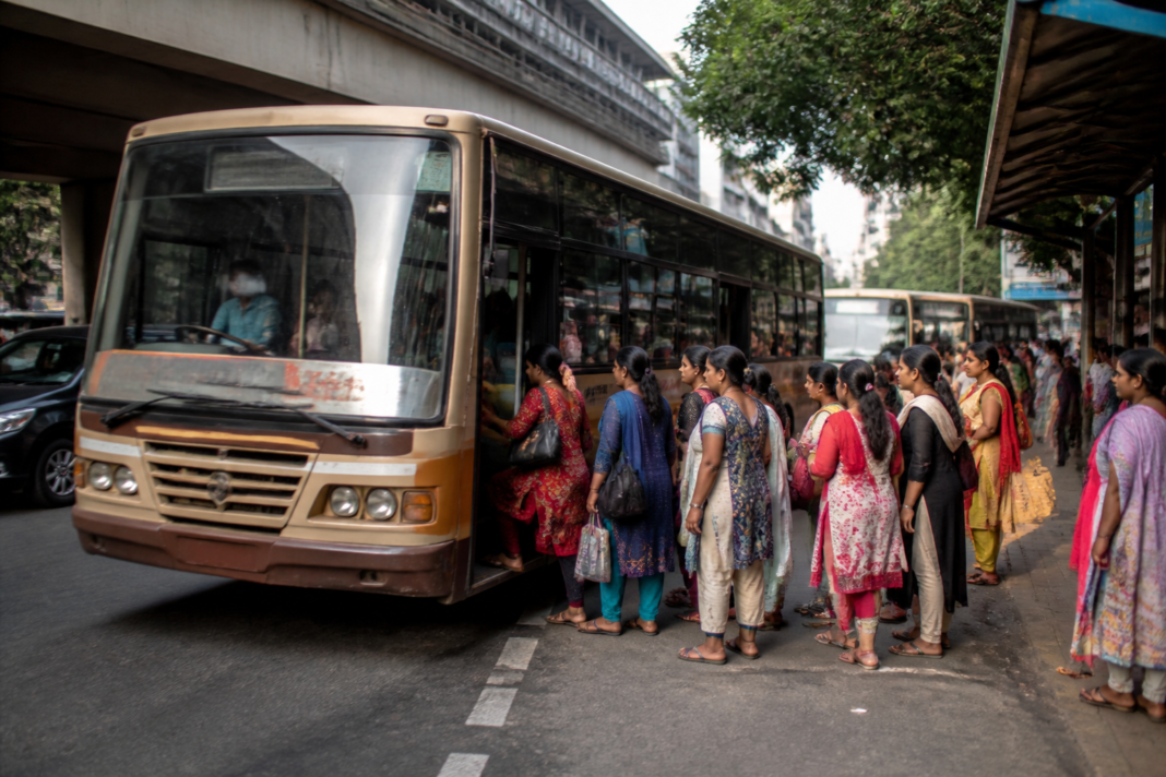 Tamil Nadu free bus travel scheme buses carrying women passengers in an urban setting