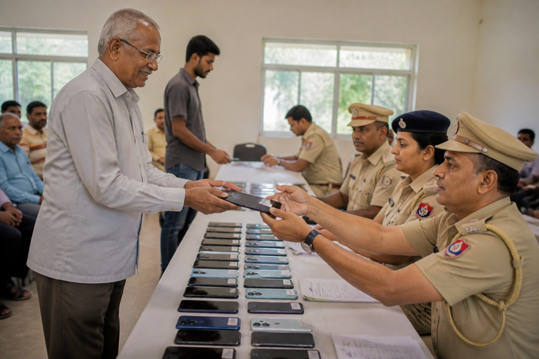 Delhi Police returning recovered mobile phones to owners during a citizen assistance programme.