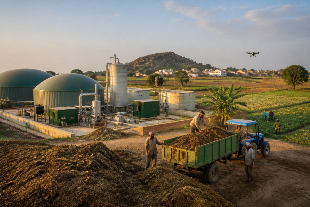 Reliance Andhra Pradesh investment illustrated by a rural biogas facility and agricultural fields in Rayalaseema