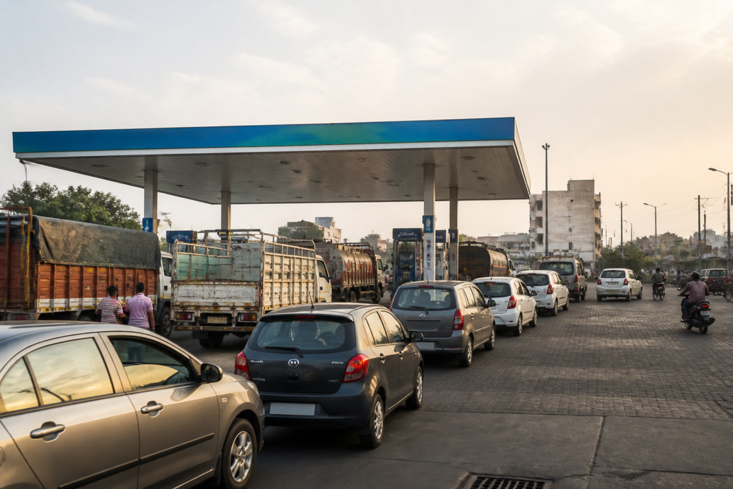 Nayara Energy fuel supply at an Indian petrol station with diesel customers waiting