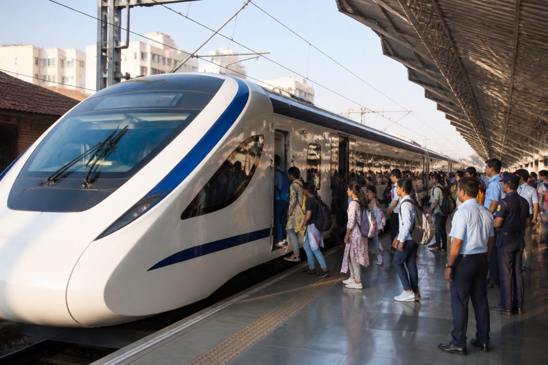Surat Udaipur Vande Bharat Express with passengers boarding at a railway platform