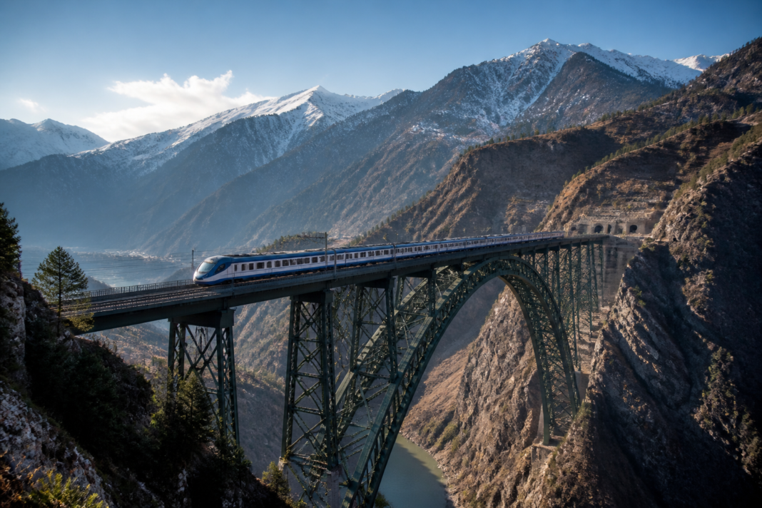 Vande Bharat train crossing the Chenab Bridge on the Katra-Banihal railway section
