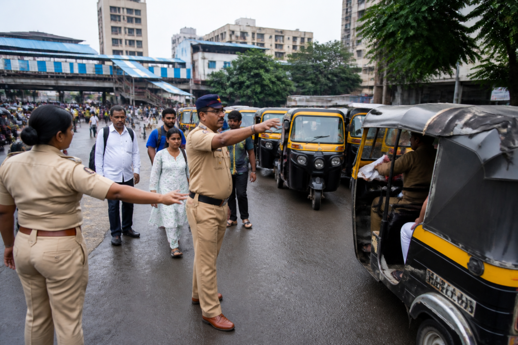 Dombivli traffic crackdown near an autorickshaw stand and busy railway station road