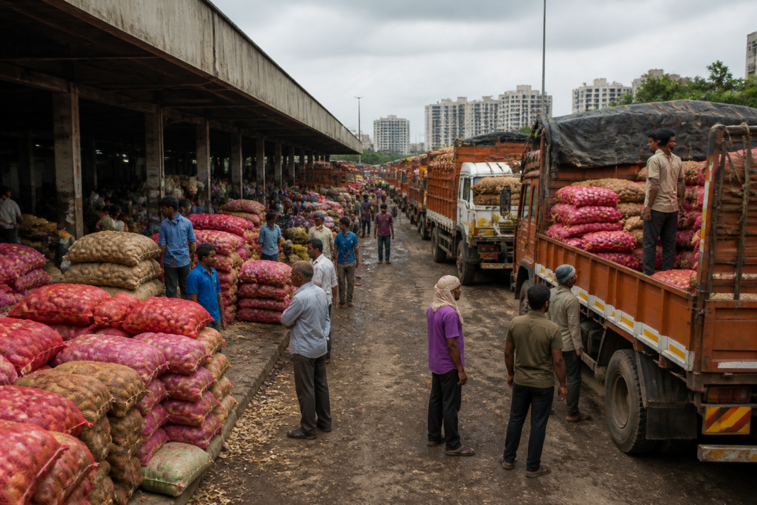 Vashi APMC market vehicles carrying onion and potato sacks in Navi Mumbai
