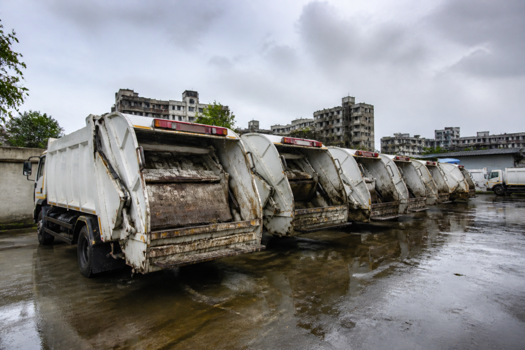 Mira Bhayandar waste collection vehicles parked unused at the Ghodbunder depot