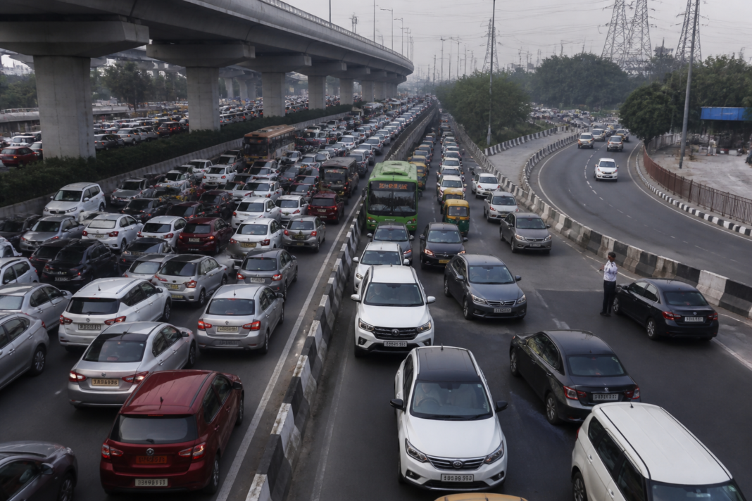 Barapullah bottleneck where Delhi traffic lanes merge sharply near the Sundial Park loop