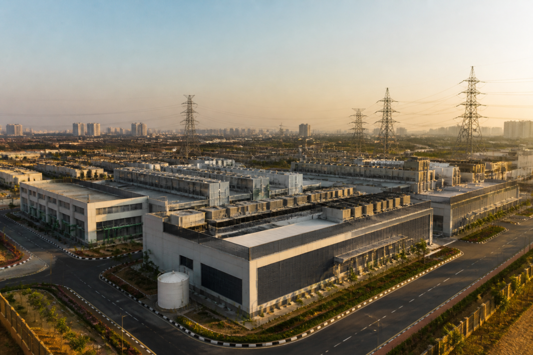India data centre policy competition represented by a large hyperscale facility and high-voltage power infrastructure.