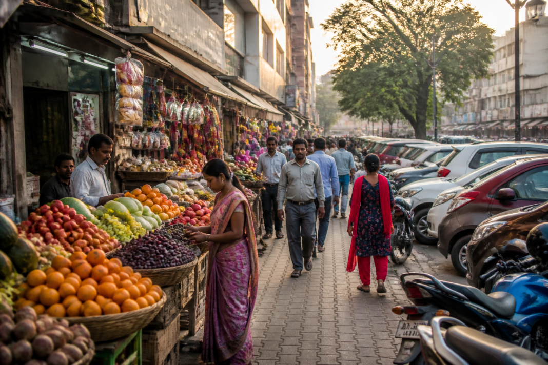 Burdwan BC Road with hawker stalls and pedestrians using a crowded footpath