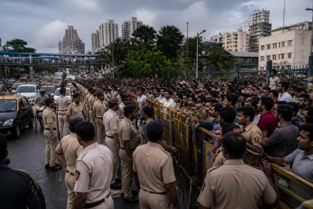 Mumbai CJP protest gathering near Shivaji Park with police barricades and security personnel.