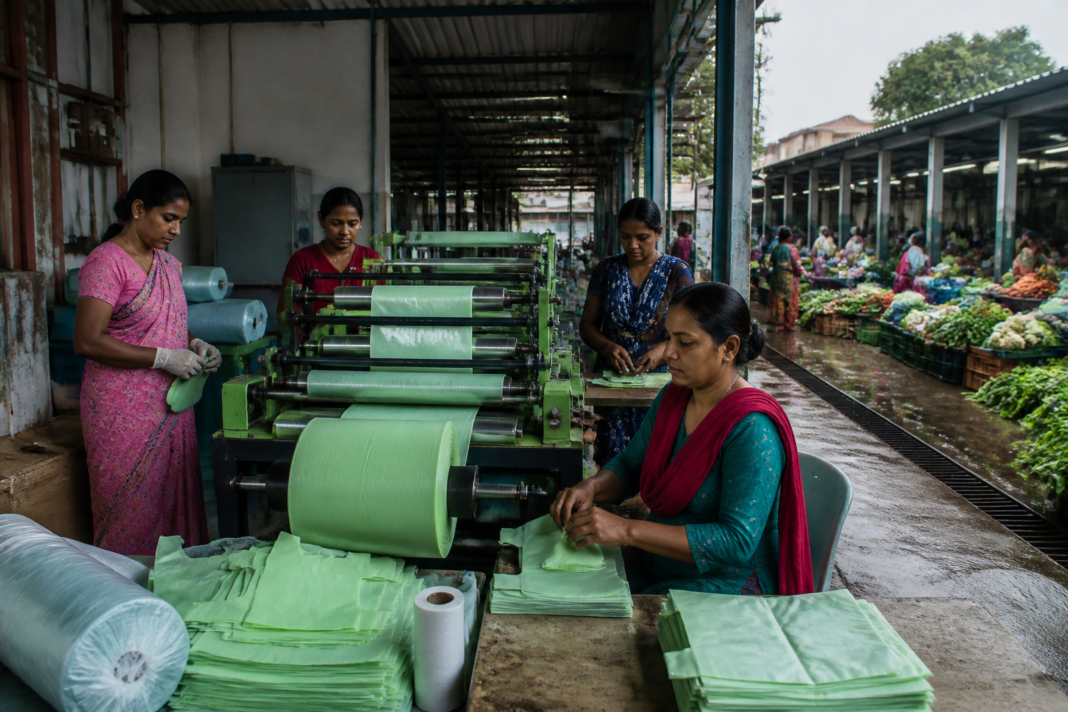 Ranchi eco-bag unit at Naga Baba market with biodegradable bag production equipment