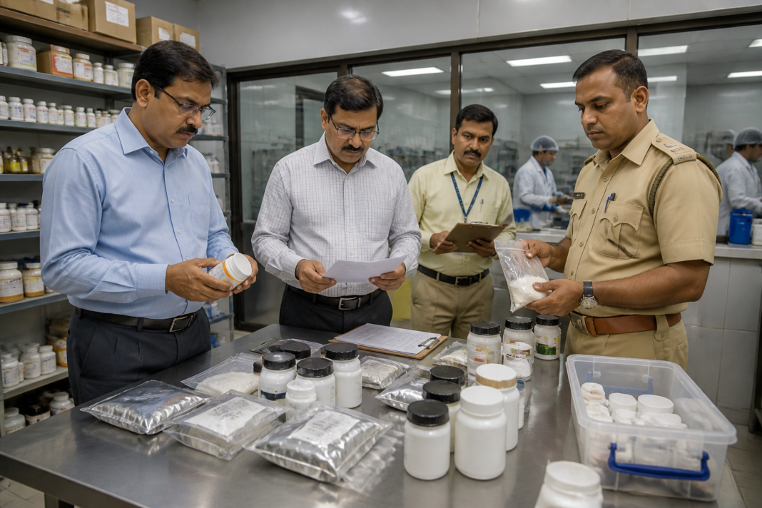 Food safety Maharashtra enforcement officers inspect packaged supplements and food products.