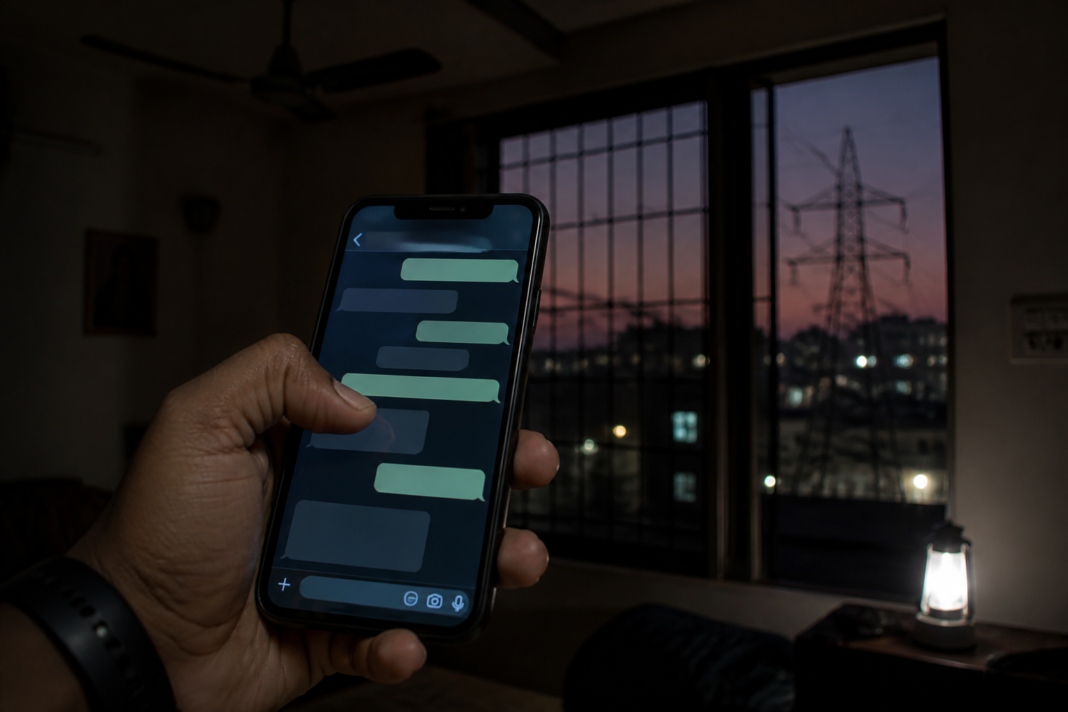 Tamil Nadu electricity complaints being registered through a WhatsApp chatbot on a smartphone.