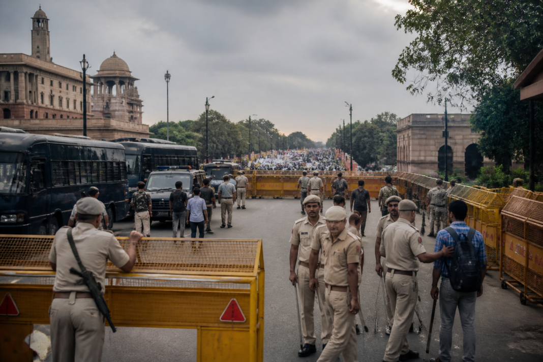 Police barricades restricting access during a Jantar Mantar protest in New Delhi.