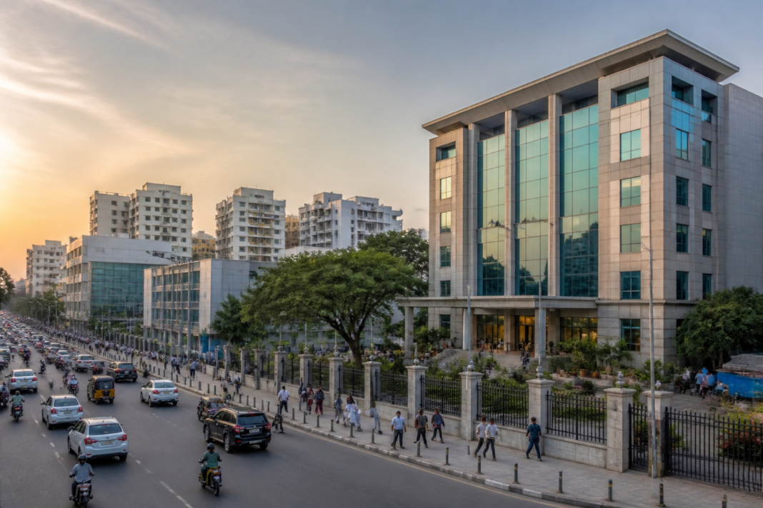 CURE Act Hyderabad governance change represented by a municipal civic building and urban streetscape.