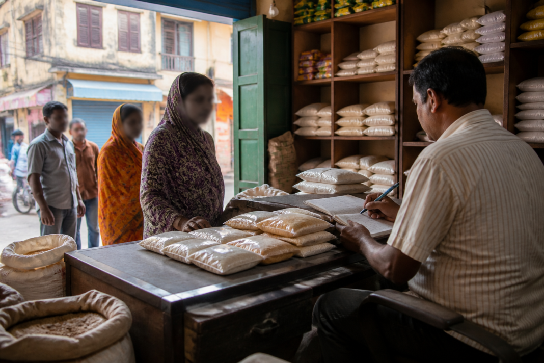 West Bengal ration package items displayed at a ration shop counter