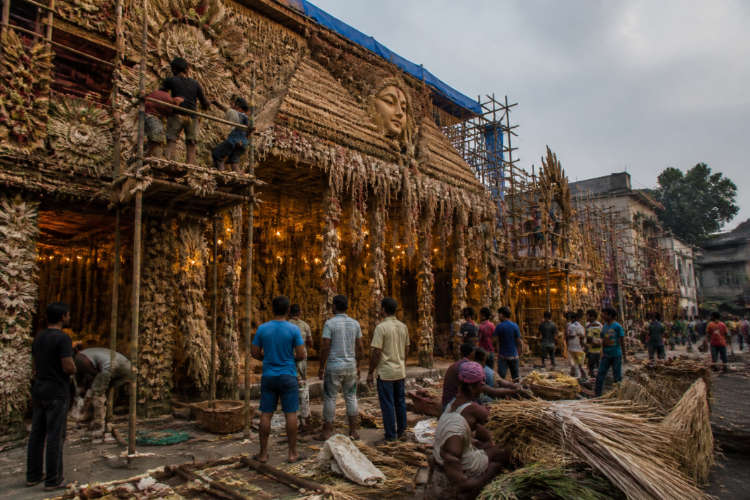 Kolkata Durga Puja pandal made with natural materials on Tara Chand Dutta Street