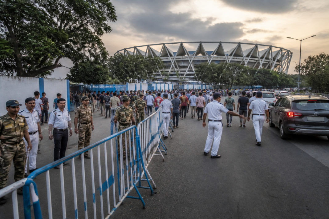 Salt Lake Stadium security personnel managing access and traffic outside Kolkata’s football venue.