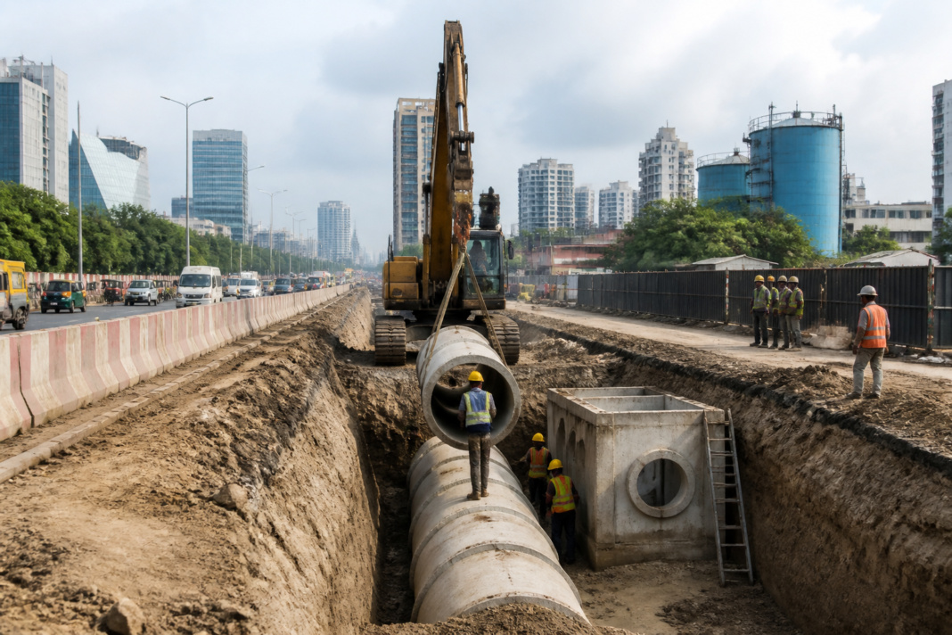 Gurgaon civic infrastructure with an urban water pipeline construction site and city buildings