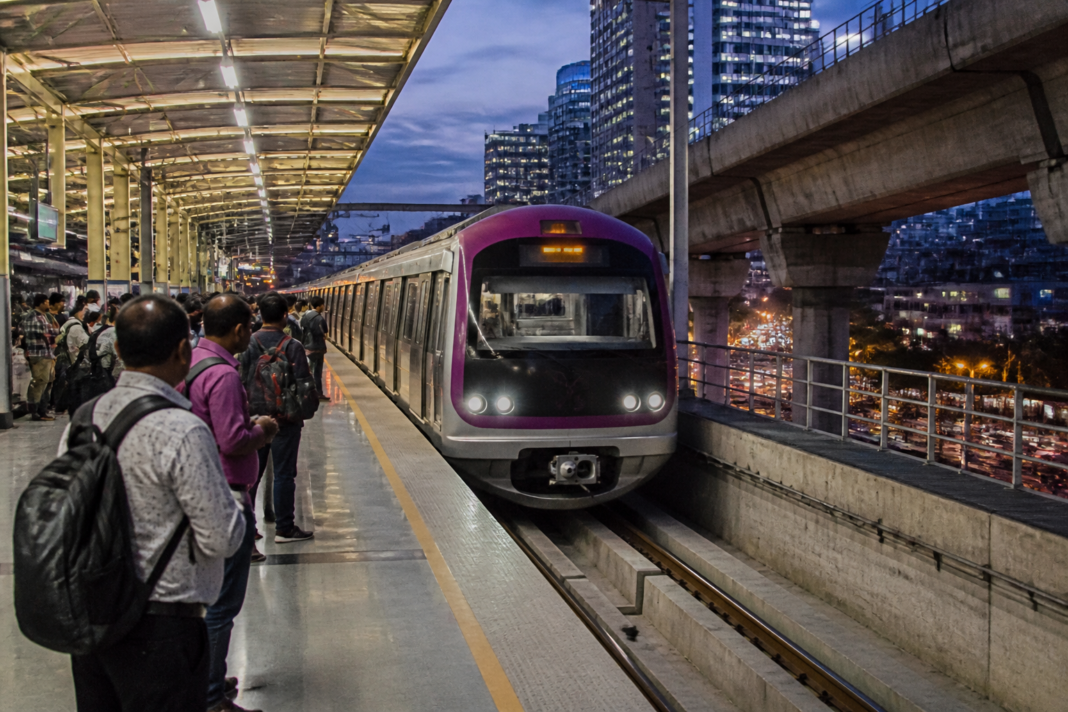 Namma Metro train at a Bengaluru station during evening operations