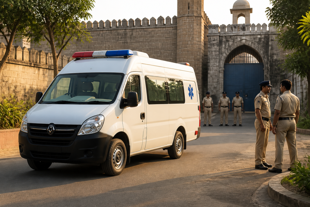 Hyderabad women’s prison medical ambulance outside a correctional facility