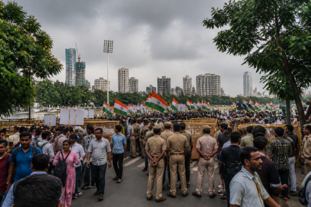 Shivaji Park protest with police barricades and demonstrators in central Mumbai