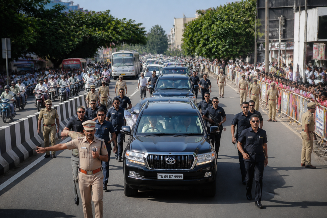 Coimbatore traffic route near Singanallur and Ondipudur during a police convoy movement