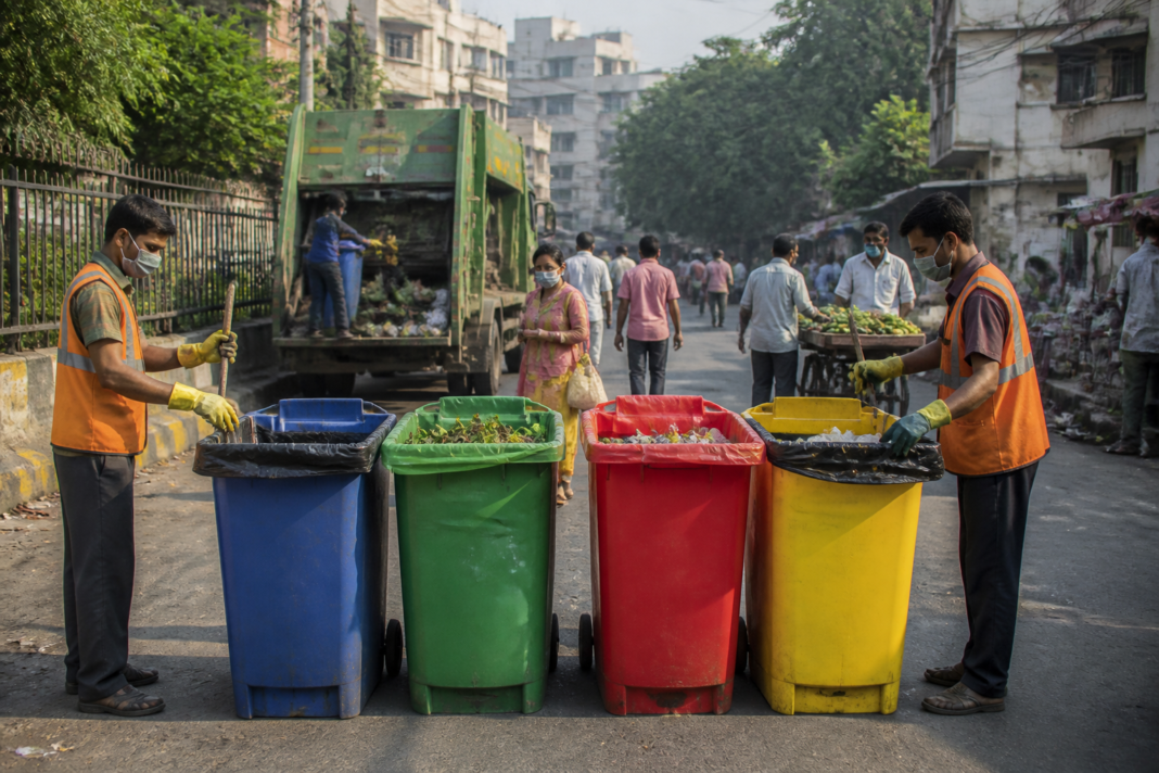 Delhi waste management workers handling segregated waste near an MCD collection point