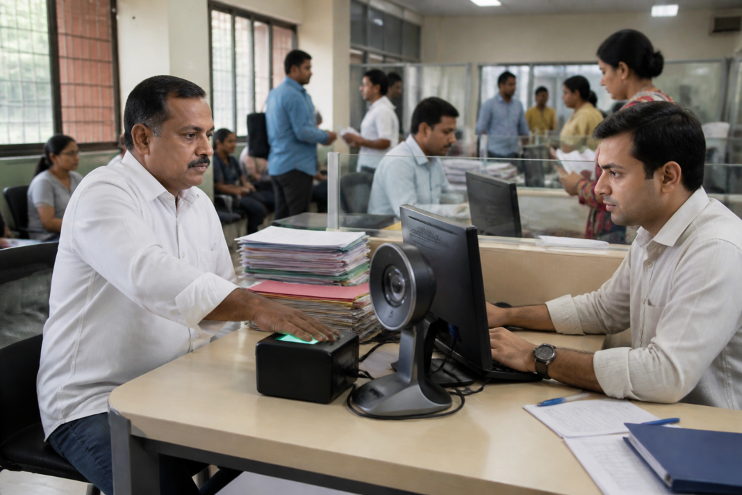 Property registration Aadhaar verification using biometric equipment at a Maharashtra sub-registrar office