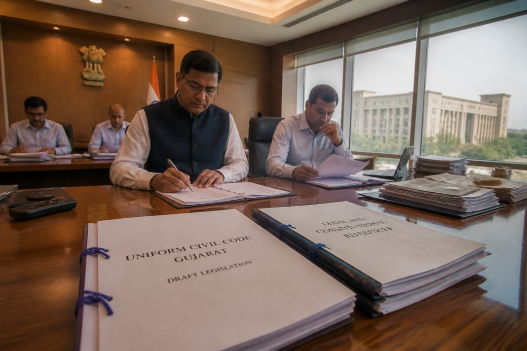 Gujarat UCC Bill 2026 documents at a government office in Gandhinagar