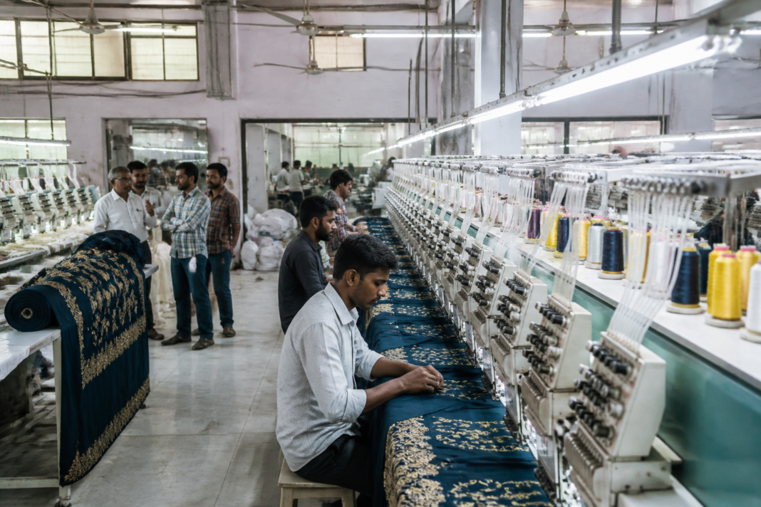 Surat embroidery workers inside a textile production unit
