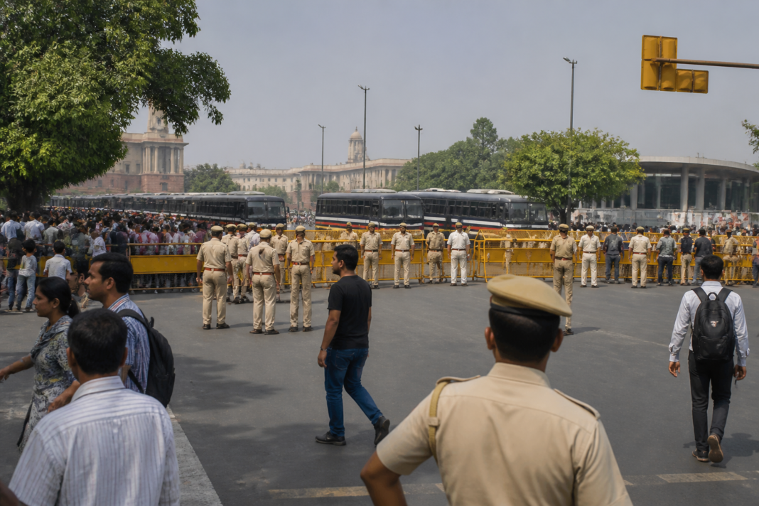 Police barricades and buses near Jantar Mantar during Delhi protest detentions.